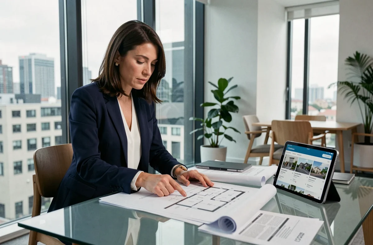 Femme professionnelle de l'immobilier analysant des documents et plans dans une agence moderne avec vue sur la ville