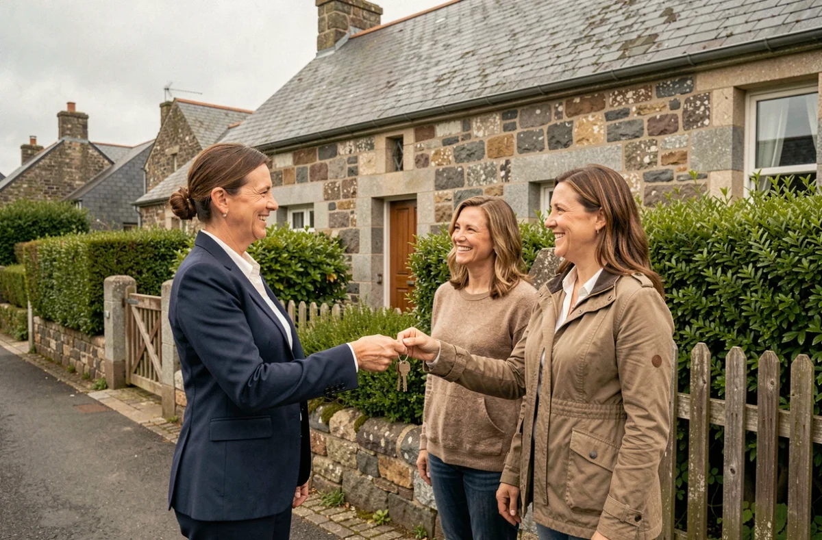 Agent immobilière remettant les clés d'une maison bretonne en pierre à un couple souriant dans un village de Bretagne