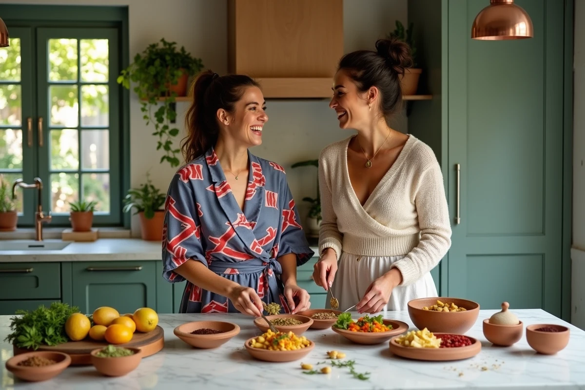 Deux amies stylées préparant un repas convivial mezze avec céramiques colorées et épices fraîches dans une cuisine moderne et élégante