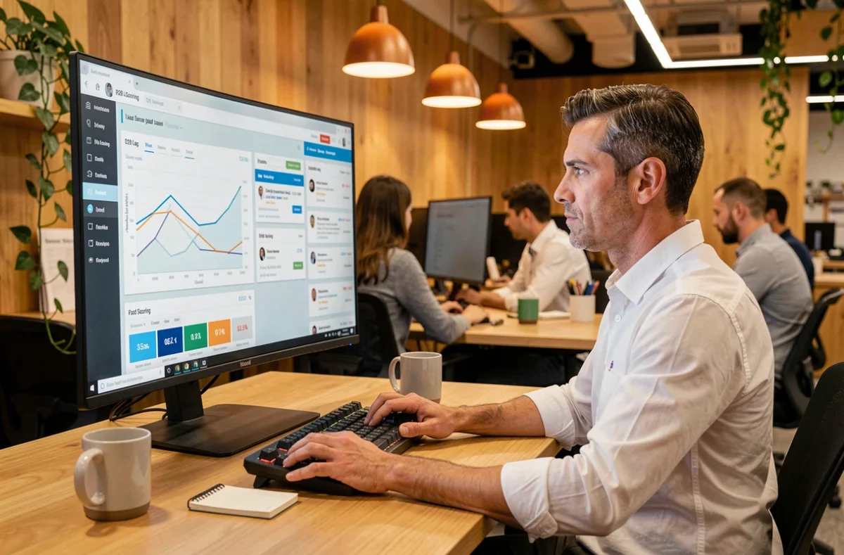 Professionnel analysant un tableau de bord de scoring de leads B2B sur un grand écran dans un espace de coworking