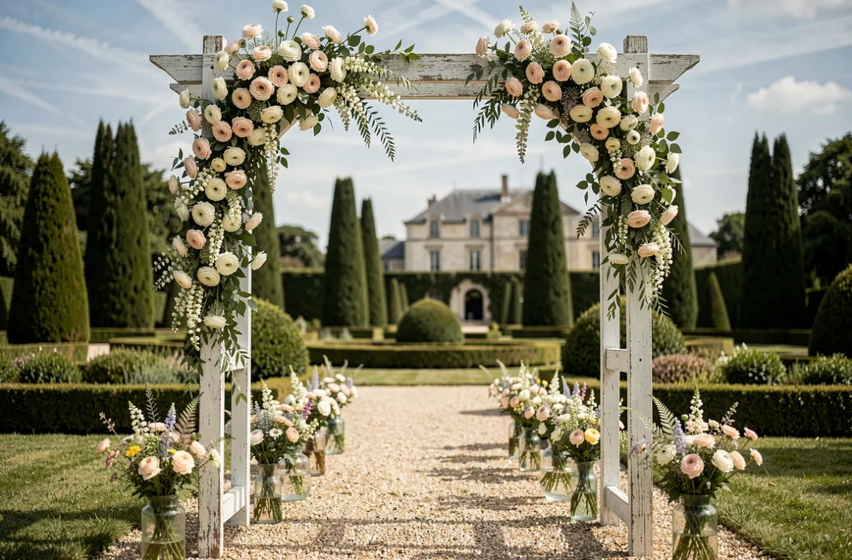 Arche de cérémonie de mariage en bois blanc ornée de roses et de fleurs sauvages dans un jardin français avec haies de buis