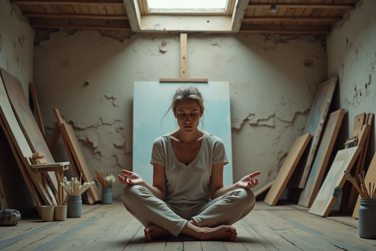 Femme artiste assise sur le sol d'un atelier abandonné entourée de toiles vides et de pinceaux, symbolisant la perte de passion créative et la recherche de nouveau sens