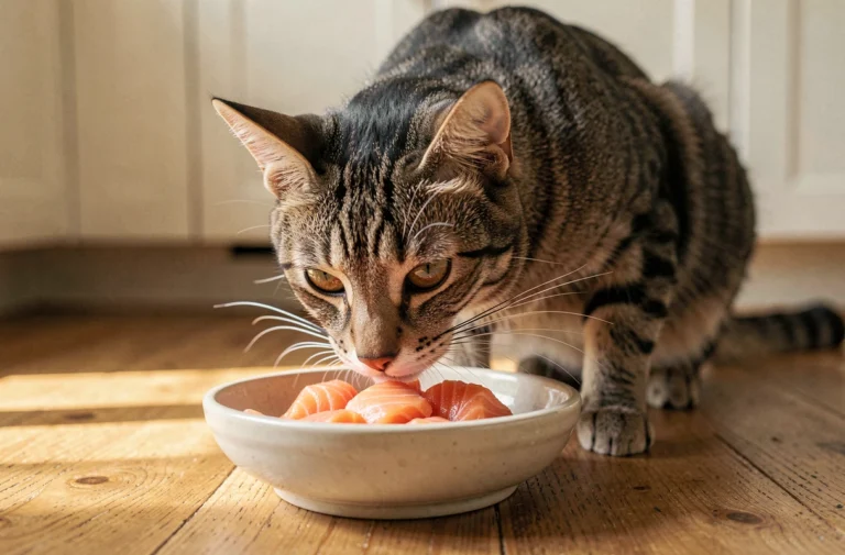 Chat tigré adulte en train de renifler un bol de saumon frais posé sur un parquet en bois dans une cuisine lumineuse