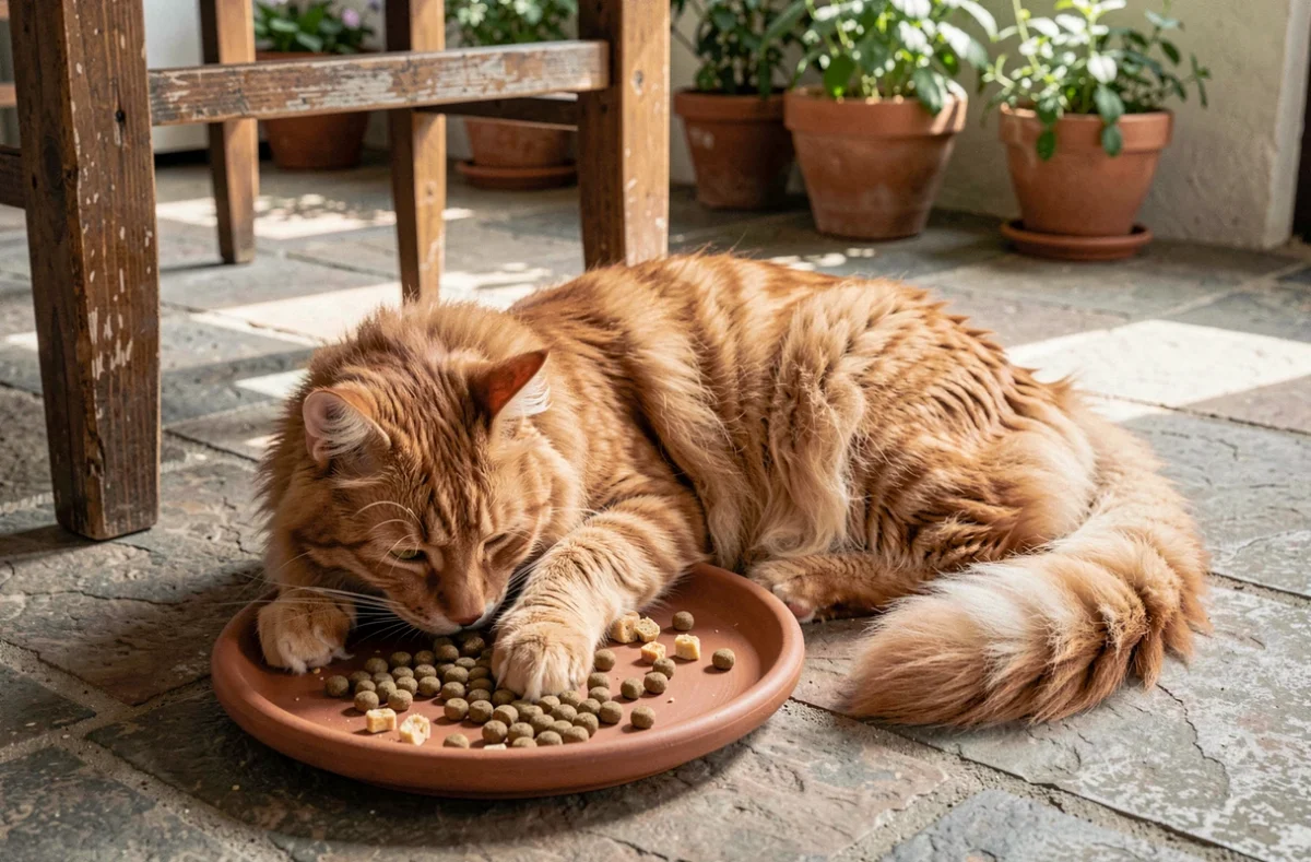 Chat roux adulte et poilu mangeant des croquettes sur une assiette en terre cuite posée sur un sol en pierre rustique