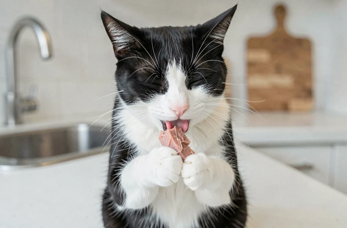 Chat domestique noir et blanc léchant un morceau de thon cuit sur un plan de travail de cuisine moderne