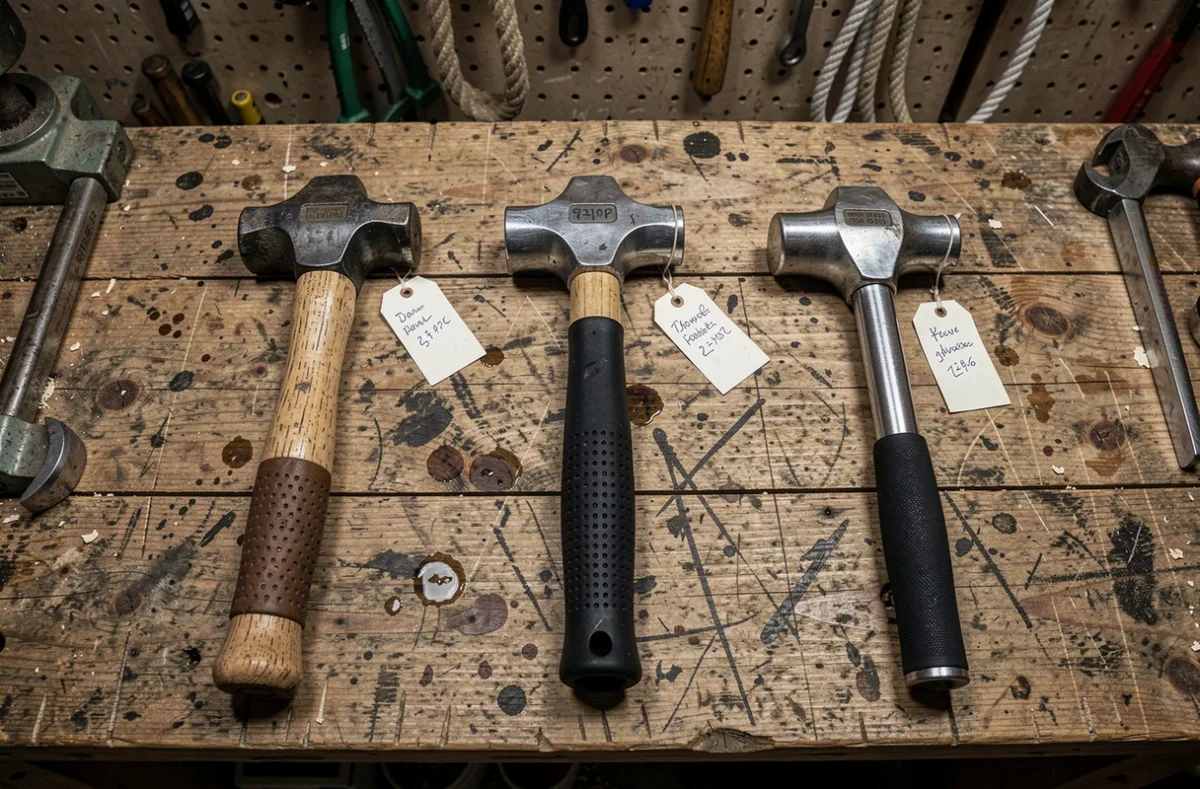 Comparatif de trois haches différentes posées sur un établi en bois dans un atelier rustique avec étiquettes descriptives