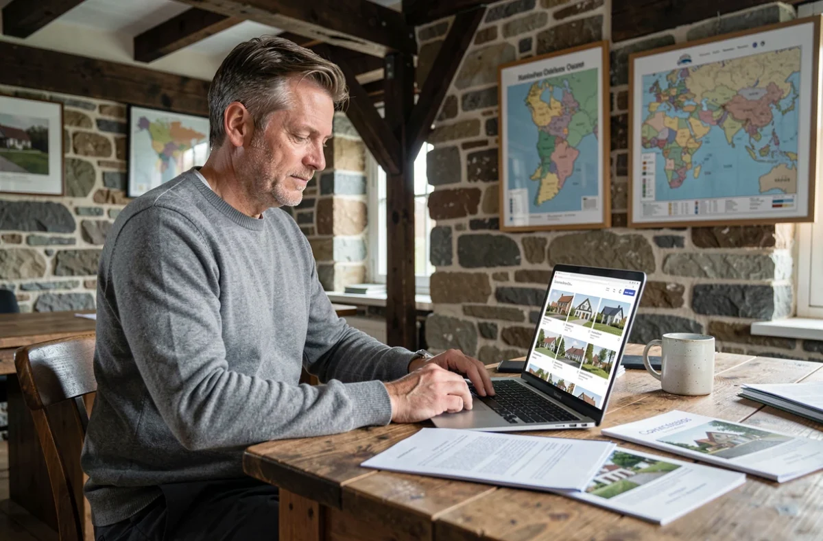 Conseiller immobilier analysant des annonces et documents dans un bureau breton à murs en pierre