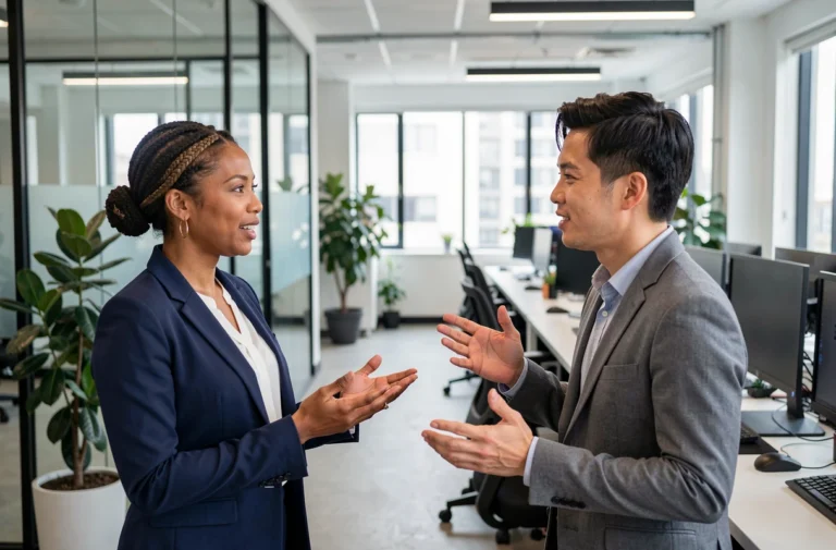 Deux collègues de cultures différentes échangent en langue étrangère dans un bureau moderne open-space