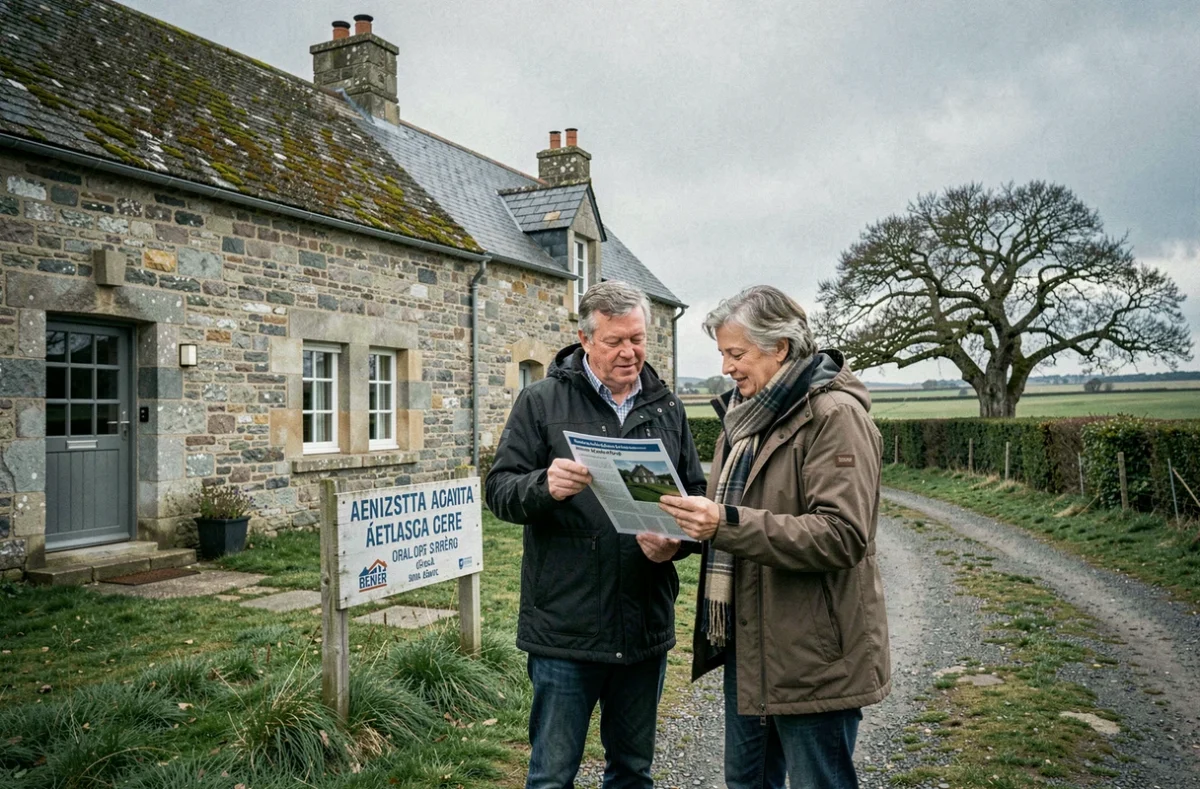 Couple examinant une longère bretonne à vendre dans la campagne du Finistère avec panneau d'agence immobilière