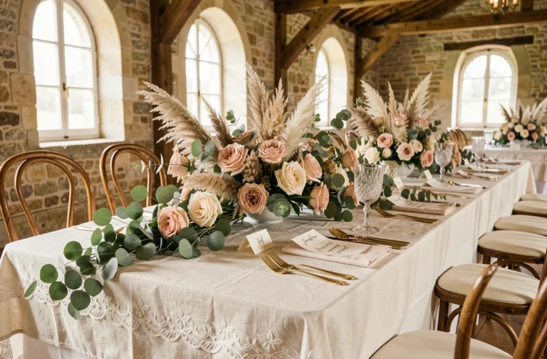 Table de réception de mariage élégante avec centres de table floraux en roses et eucalyptus, vaisselle dorée et cartons de table en calligraphie dans un château rustique