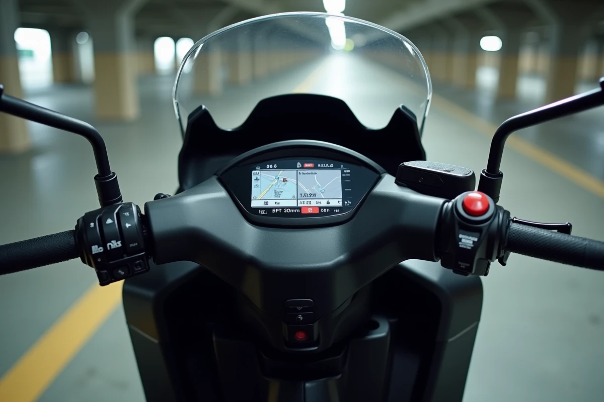 Détail cockpit et tableau de bord TFT du Yamaha TMAX 2026 full options avec commandes chauffantes et navigation GPS