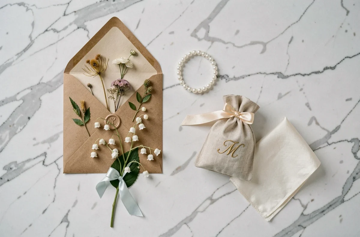 Flat lay détails personnalisés de mariage sur marbre blanc incluant faire-part cacheté à la cire, bracelet perles et pochette en lin brodée