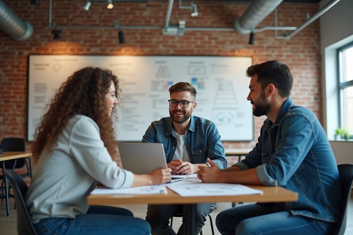 Equipe de developpeurs discutant autour d une table de travail