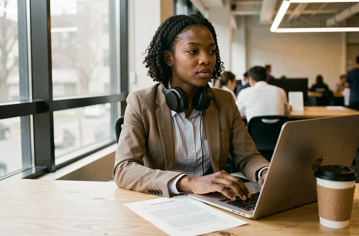 Jeune femme consultant un document juridique en langue étrangère dans un espace de coworking