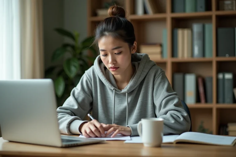 Jeune femme se préparant au CAP RLA sur ordinateur portable à son bureau à domicile avec des notes manuscrites