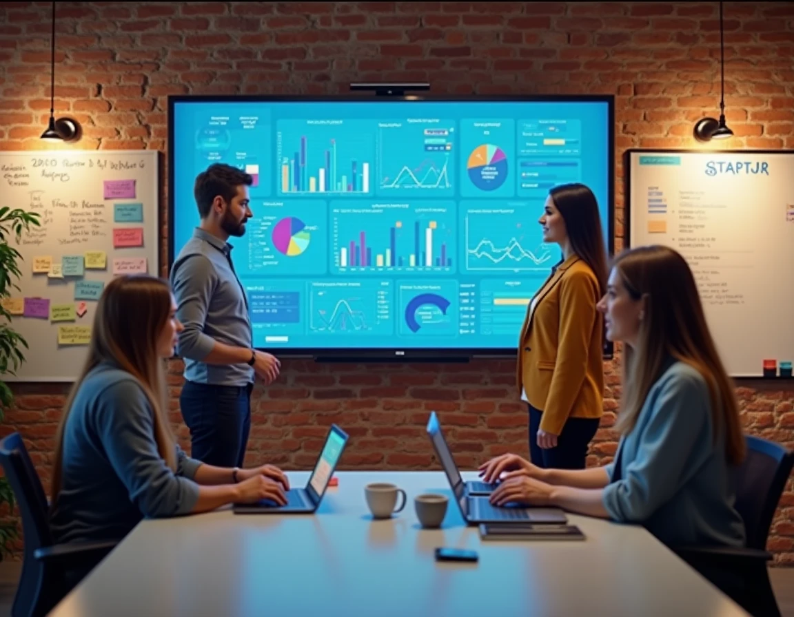 Équipe marketing réunie autour d'un écran affichant des tableaux de bord analytiques pour une campagne de marketing digital en salle de réunion