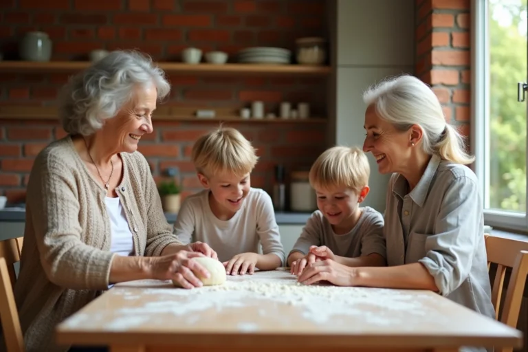 Grand-mère, mère et enfants qui cuisinent ensemble dans une cuisine chaleureuse pour renforcer les liens familiaux