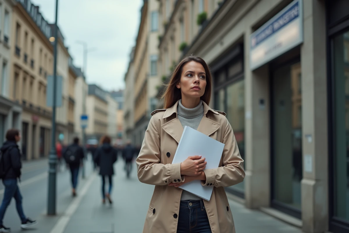 Femme devant une agence Pôle emploi tenant des documents relatifs à sa situation administrative