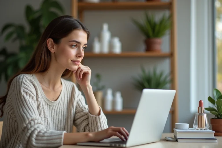Jeune femme achetant des produits de beauté en ligne
