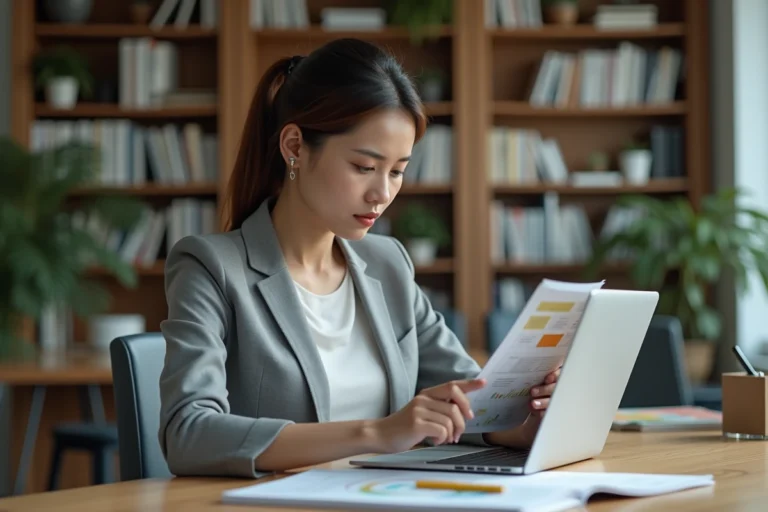 Femme d affaires concentrée sur son ordinateur dans un bureau moderne