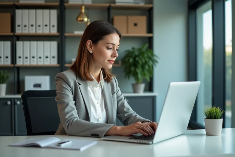 Jeune femme professionnelle travaillant sur son ordinateur dans un bureau moderne