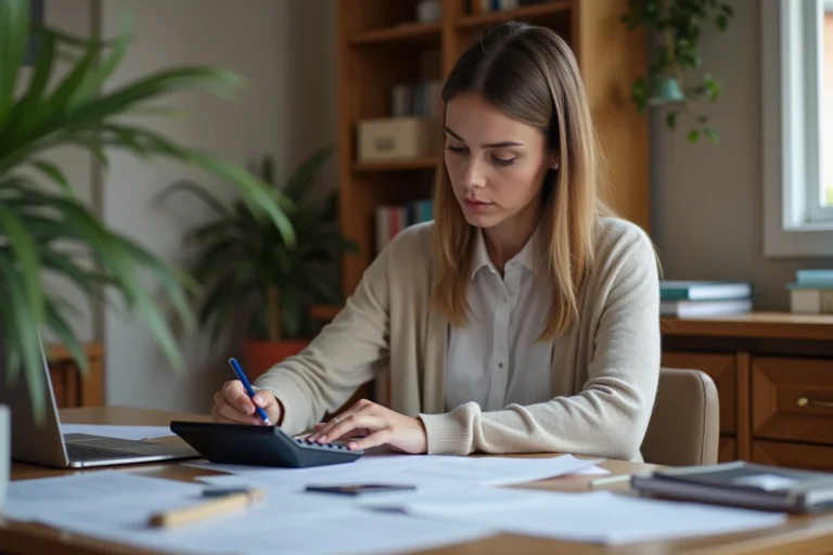 Femme concentrée à son bureau à la maison avec papiers et calculatrice