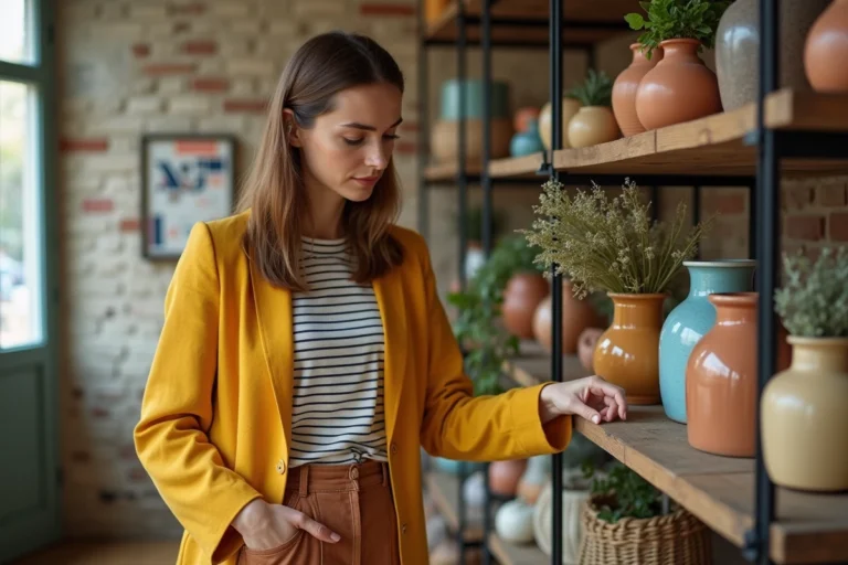 Femme stylée arrangeant des céramiques colorées et des fleurs sauvages sur une étagère en bois dans un appartement parisien décoré avec créativité