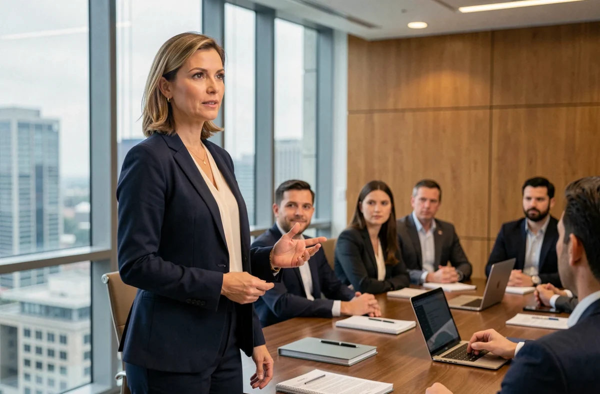 Femme cadre dirigeante prenant la parole lors d'une réunion d'entreprise, illustration de l'émancipation professionnelle des femmes