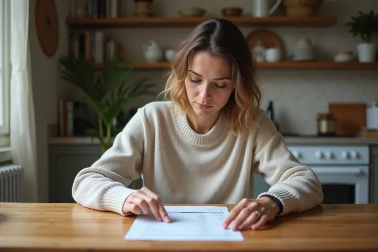 Femme regardant un relevé bancaire dans une cuisine française