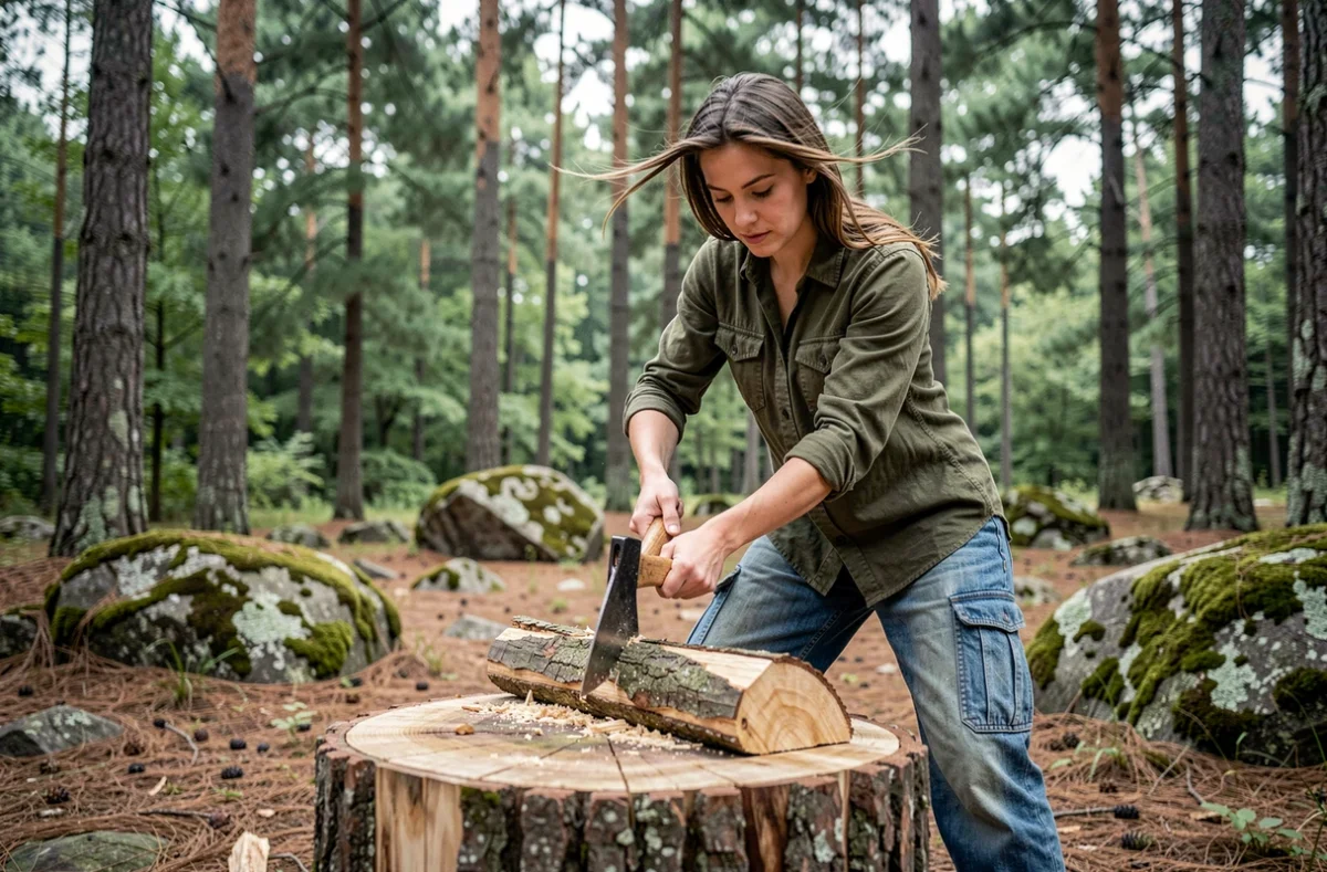 Jeune femme utilisant une hachette de camping pour couper une bûche sur une souche dans une clairière forestière