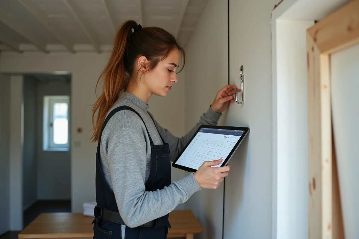 Jeune femme installe un crochet de plafond dans un bureau à domicile