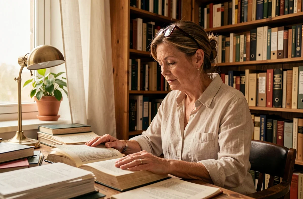 Femme intellectuelle dans la cinquantaine lisant des documents juridiques dans son bureau personnel, représentant l'accès des femmes au savoir et à l'autonomie