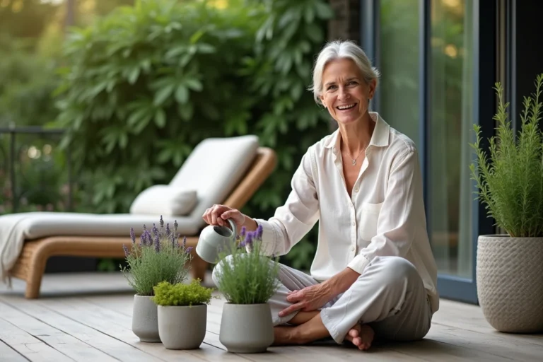 Femme assise sur une terrasse en train d'arroser la lavande