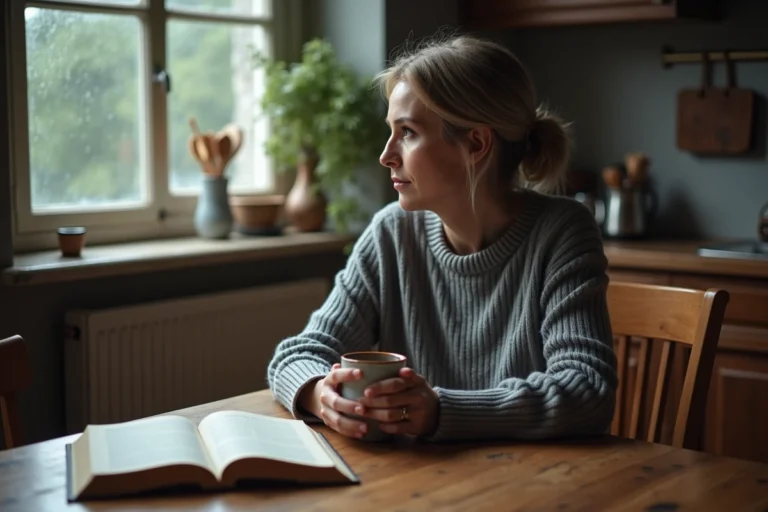 Femme songeuse assise à une table en bois tenant une tasse, regardant par la fenêtre sous la pluie, illustrant la perte de sens et de passion dans la vie quotidienne