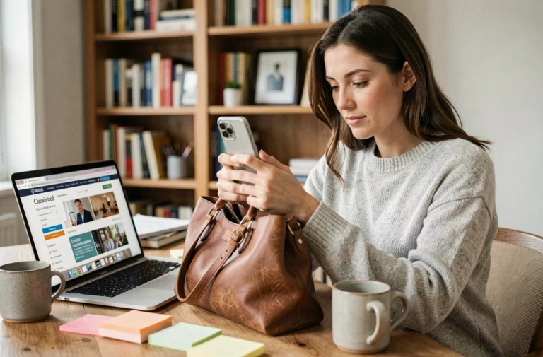 Femme photographiant un sac en cuir d'occasion avec son smartphone pour le vendre sur un site d'annonces gratuites en ligne
