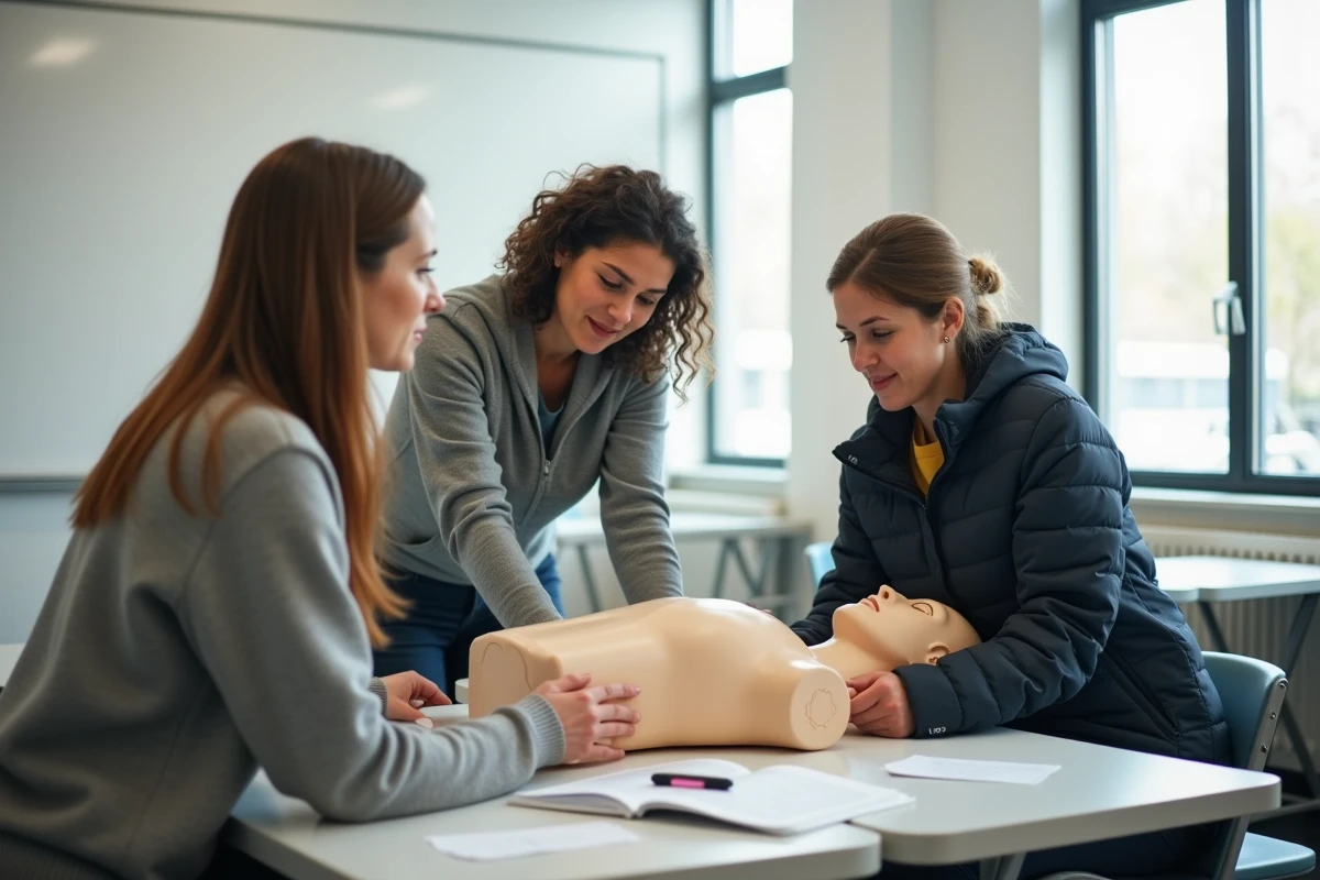Groupe d'adultes apprenant les gestes de premiers secours sur mannequin lors d'une formation de secourisme en salle