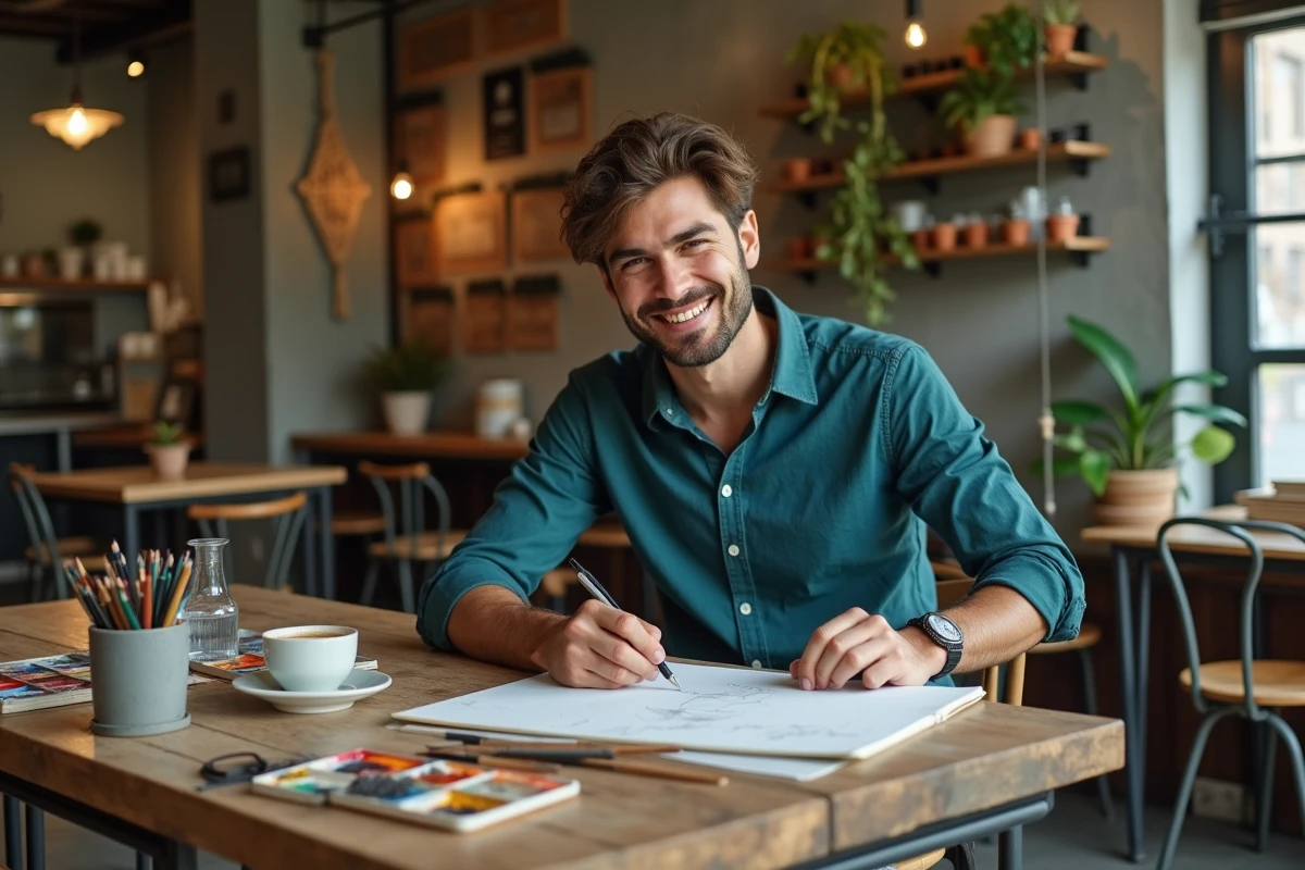 Homme créatif dessinant dans un carnet aquarelle autour d'un café dans un coffee shop indépendant à l'ambiance bohème urbaine