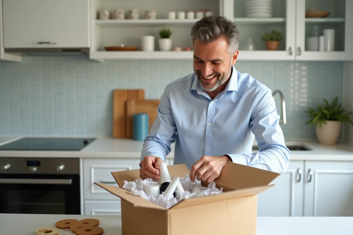 Homme découvrant des produits de beauté dans sa cuisine
