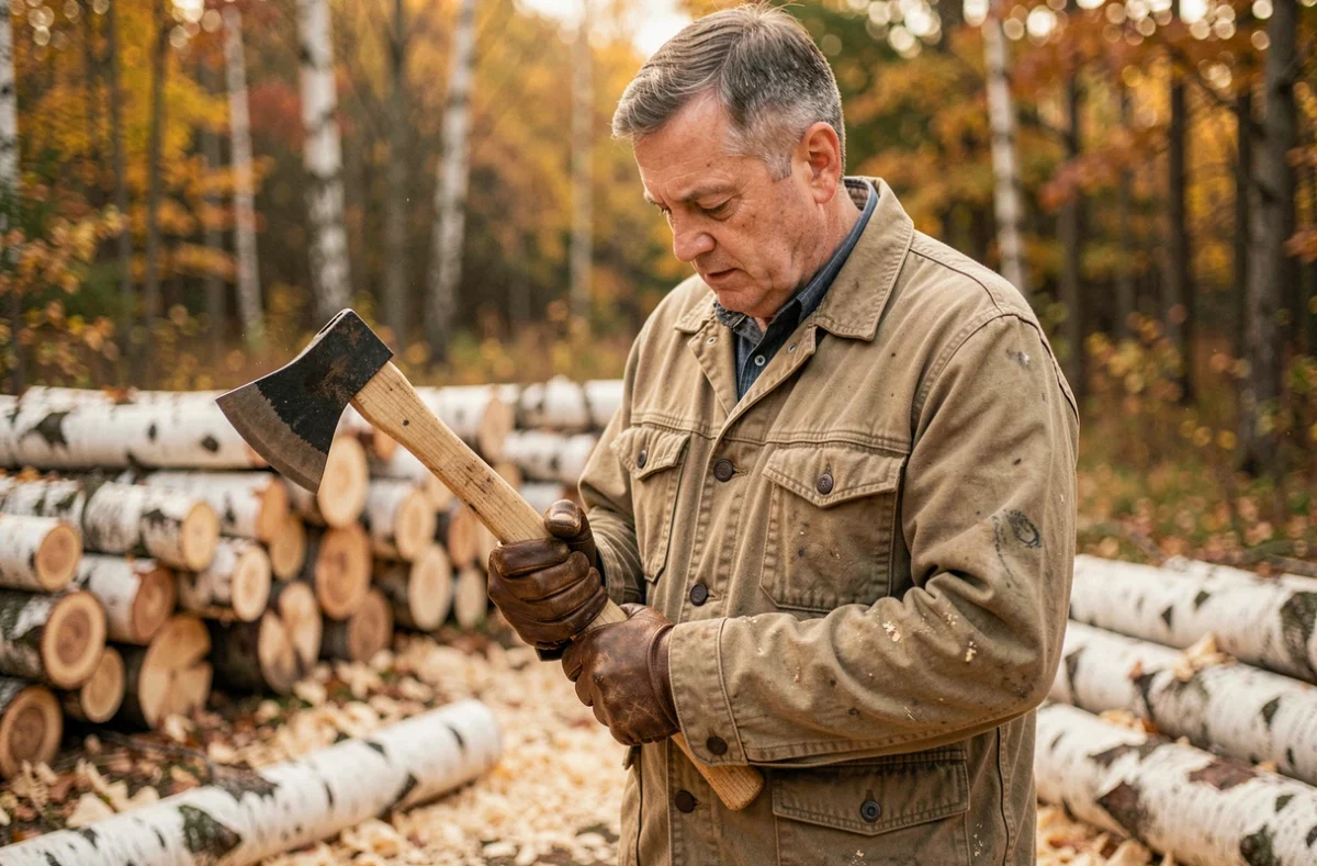 Homme d'âge mûr examinant la lame d'une hache à fendre le bois dans un chantier forestier en automne