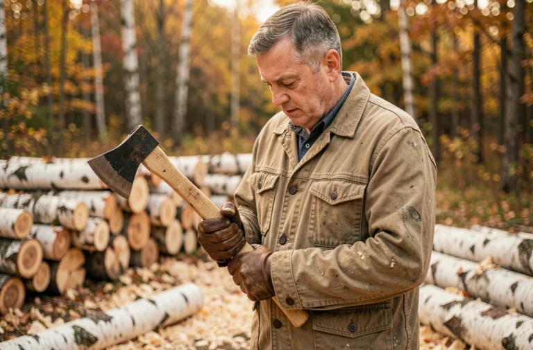 Homme d'âge mûr examinant la lame d'une hache à fendre le bois dans un chantier forestier en automne
