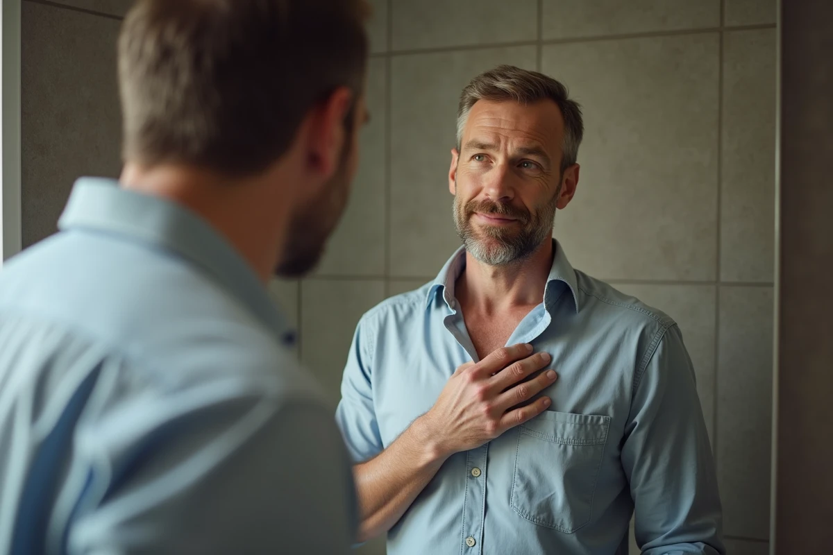 Homme regarde son reflet en inspectant une tache dans la salle de bain
