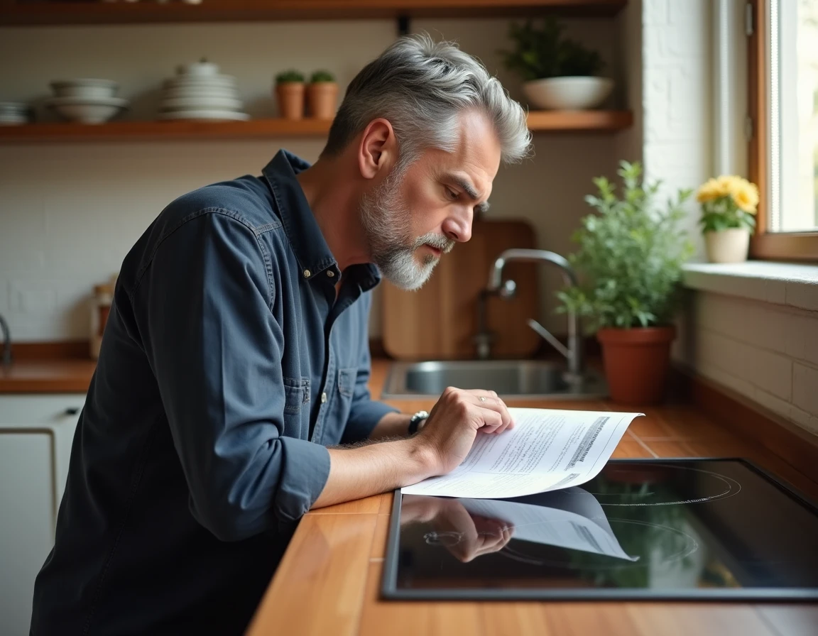 Homme consultant le manuel d'utilisation d'une plaque induction Electrolux pour débloquer la fonction de sécurité dans une cuisine familiale
