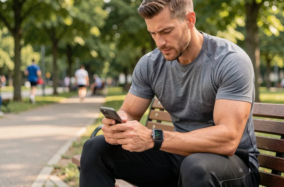 Homme sportif utilisant une montre connectée et une application de suivi de santé dans un parc urbain