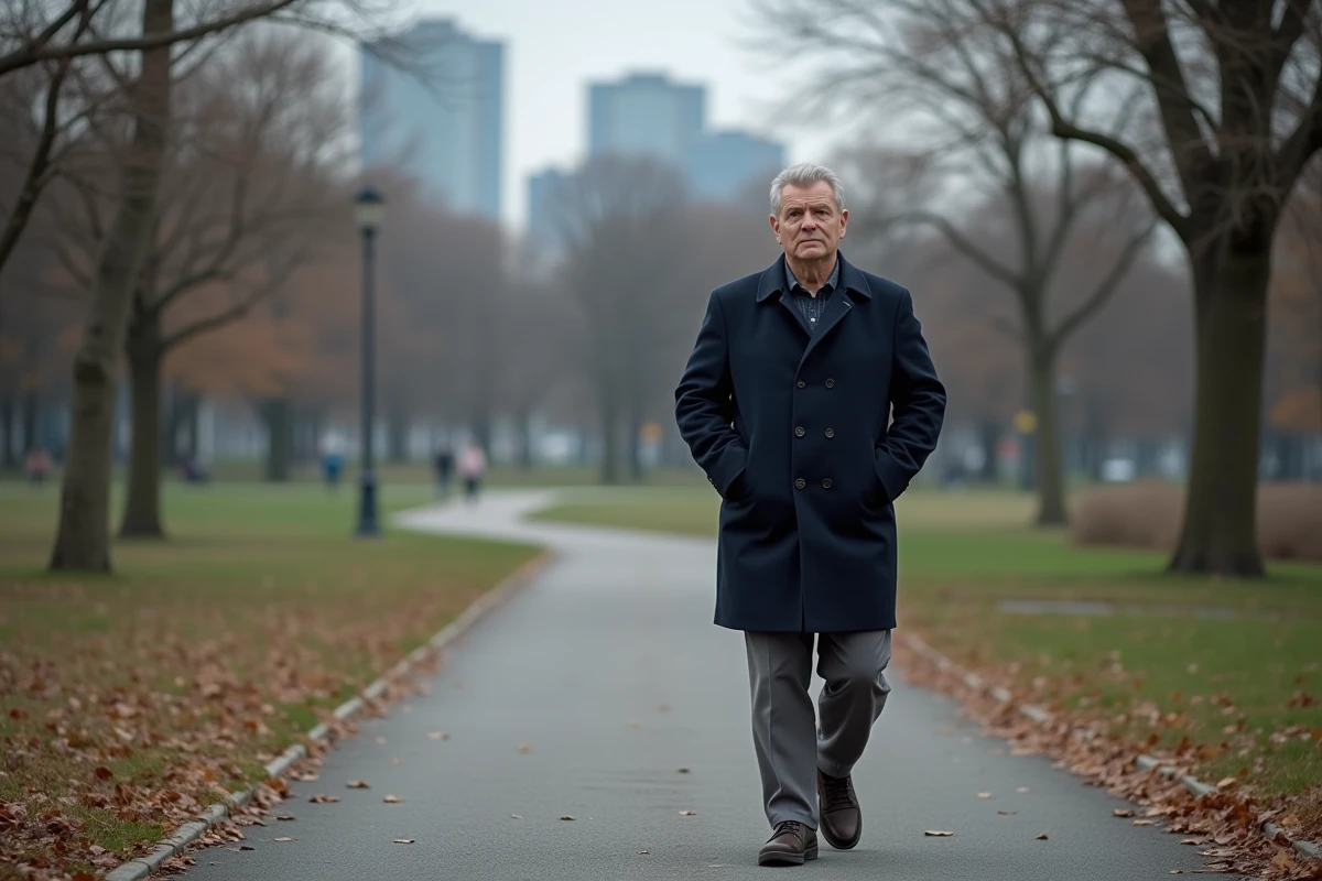 Homme d'âge mûr en manteau bleu marine marchant seul dans un parc en automne, illustrant la quête de sens et la remise en question personnelle