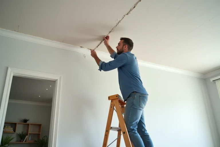 Homme en jeans examine un plafond en plâtre dans un salon moderne