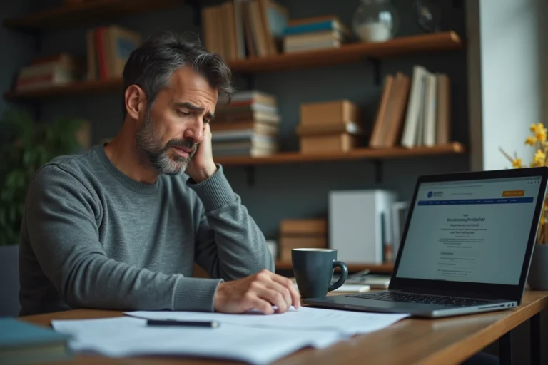 Homme préoccupé consultant des documents administratifs liés à la radiation Pôle emploi et au RSA