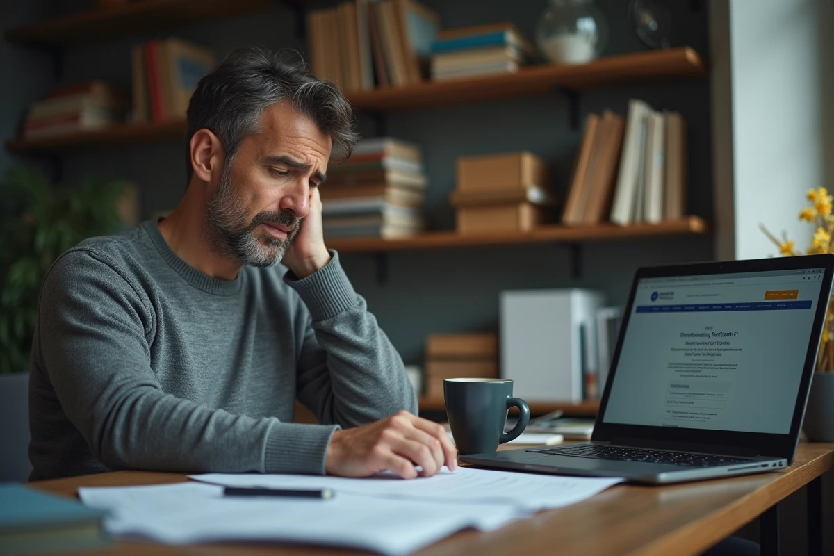 Homme préoccupé consultant des documents administratifs liés à la radiation Pôle emploi et au RSA