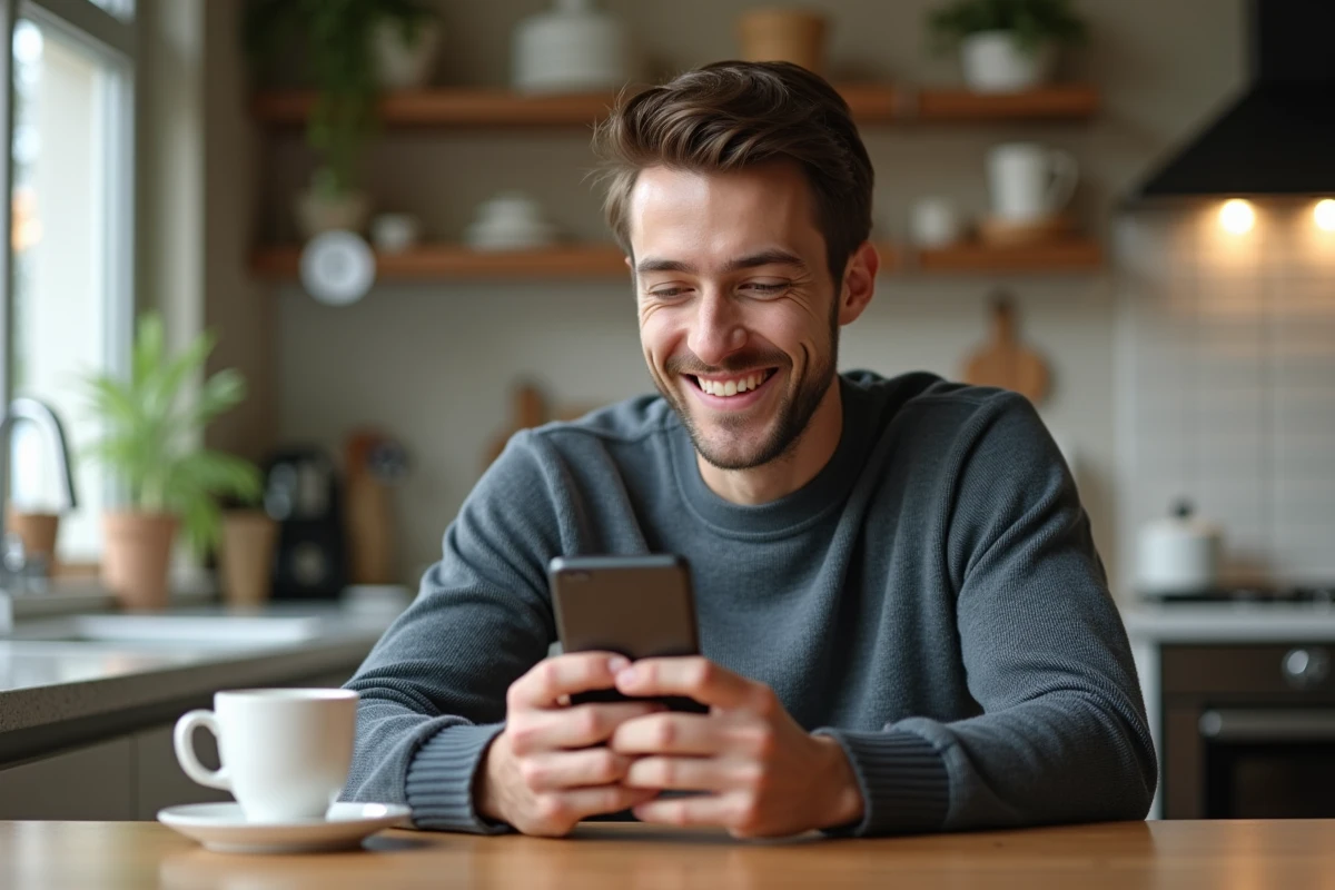 Jeune homme souriant utilisant son smartphone à la maison