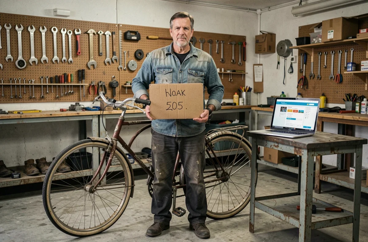 Homme en garage préparant la vente d'un vélo vintage en ligne avec une annonce gratuite sur ordinateur portable