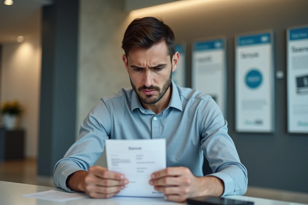 Jeune homme vérifiant un reçu bancaire dans une agence